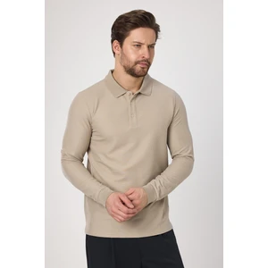 Lewin Erkek Bej %100 Pamuk Waffle Çekmeyen Esneyen Kumaş Slim Fit Uzun Kol Polo Tişört