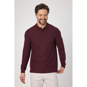 Lewin Erkek Bordo %100 Pamuk Waffle Çekmeyen Esneyen Kumaş Slim Fit Uzun Kol Polo Tişört