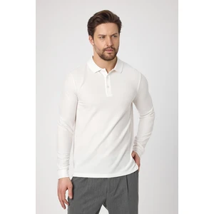 Lewin Erkek Ekru %100 Pamuk Waffle Çekmeyen Esneyen Kumaş Slim Fit Uzun Kol Polo Tişört
