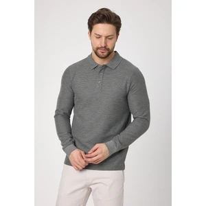 Lewin Erkek Gri %100 Pamuk Waffle Çekmeyen Esneyen Kumaş Slim Fit Uzun Kol Polo Tişört