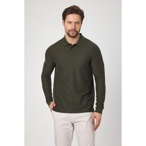 Lewin Erkek Haki %100 Pamuk Waffle Çekmeyen Esneyen Kumaş Slim Fit Uzun Kol Polo Tişört