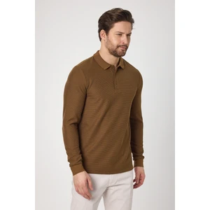 Lewin Erkek Hardal %100 Pamuk Waffle Çekmeyen Esneyen Kumaş Slim Fit Uzun Kol Polo Tişört