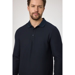 Lewin Erkek Lacivert %100 Pamuk Waffle Çekmeyen Esneyen Kumaş Slim Fit Uzun Kol Polo Tişört