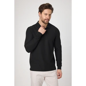 Lewin Erkek Siyah %100 Pamuk Waffle Çekmeyen Esneyen Kumaş Slim Fit Uzun Kol Polo Tişört