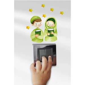 Yeşil Kıyafetli Çocuklar Ramazan Priz Sticker Seti Duvar Cam Sticker Ramazan Süsü