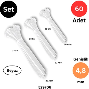 Plastik Kablo Bağı Klipsi Cırt Kelepçe 250 - 300 - 380 mm x 4.8 mm Beyaz Toplam 60 Adet