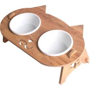 Kedi Mama Standı (8 mm Mdf)( Eğimli Kedi Modeli )(Beyaz Seramik Kase - 2*400ml)