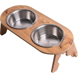 Kedi & Köpek Su ve Mama Kabı Standı - Ahşap MDF - Eğimli İkili Oval Model - Çelik Kase - 2*350ml