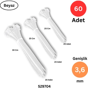 Plastik Kablo Bağı Klipsi Cırt Kelepçe 200 - 250 - 300 mm x 3.6 mm Beyaz Toplam 60 Adet