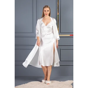 Lunoche Nightwear Kadın Güpür Dantel ve Sırt Detaylı Uzun Saten Çeyizlik Ikili Gecelik Sabahlık Takımı