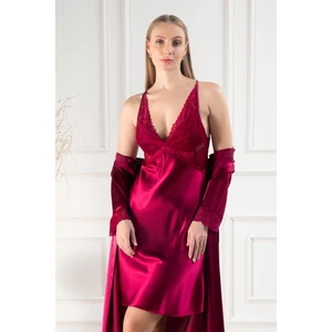 Lunoche Nightwear Kadın Dantelli Sırt Detaylı Uzun Saten Çeyizlik Ikili Gecelik Sabahlık Takımı