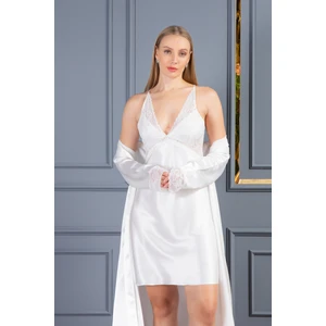 Lunoche Nightwear Kadın Dantelli Sırt Detaylı Uzun Saten Çeyizlik Ikili Gecelik Sabahlık Takımı