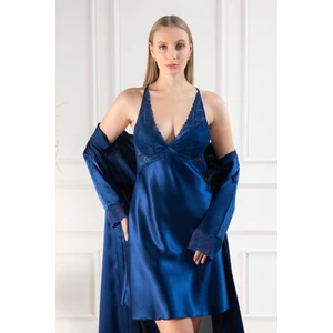 Lunoche Nightwear Kadın Dantelli Sırt Detaylı Uzun Saten Çeyizlik Ikili Gecelik Sabahlık Takımı