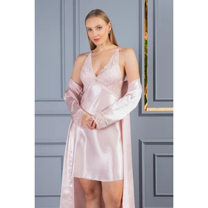Lunoche Nightwear Kadın Dantelli Sırt Detaylı Uzun Saten Çeyizlik Ikili Gecelik Sabahlık Takımı