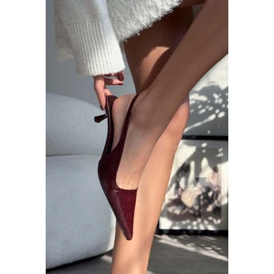 Nişantaşı Shoes Rodney Bordo Desenli Lastik Detaylı Kadın Topuklu Ayakkabı