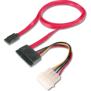 Sata Kablosu, Sata Iı/Iıı, Sata 22 Pin Dişi Konnektör - Sata 7 Pin L Tip Dişi Konnektör + 4 Pin Erkek Güç Konnektörü, Yassı Kablo Tipi, 0.50 Metre, Awg28, Zırhsız, Kırmızı Renk