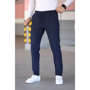 Erkek Lacivert Beli Lastikli Bağcıklı Esnek Fitted Jogger Pantolon Kumaş Pantolon