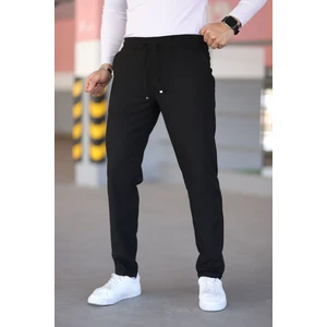 Erkek Siyah Beli Lastikli Bağcıklı Esnek Fitted Jogger Pantolon Kumaş Pantolon