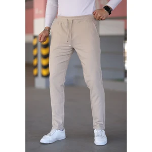 Erkek Krem Beli Lastikli Bağcıklı Esnek Fitted Jogger Pantolon Kumaş Pantolon