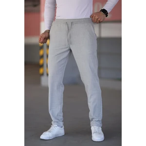 Erkek Gri Beli Lastikli Bağcıklı Esnek Fitted Jogger Pantolon Kumaş Pantolon