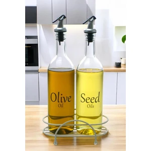 Luxe 2'li Krem Metal Standlı Yağdanlık Seti Şeffaf Etiketli Cam Yağlık 750 ml Cys-10