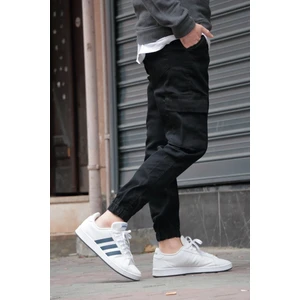Erkek Siyah Jogger Kargo Cepli Kot Pantolon - Lastikli Bel ve Paça, Yıkamalı Denim