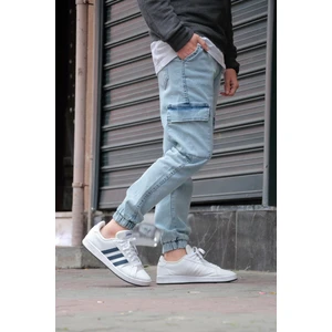 Erkek Buz Mavisi Jogger Kargo Cepli Kot Pantolon - Lastikli Bel ve Paça, Yıkamalı Denim