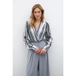 Çizgili Bodysuit Bluz - GRİ