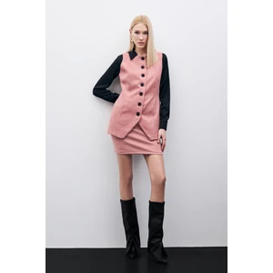 Düğmeli Uzun Süet Yelek - Pudra