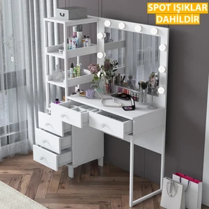 BJ128 Hollywood Işıklı Aynalı Kulis Makyaj Masası 5 Çekmeceli Raflı Takı Düzenleyici Beyaz