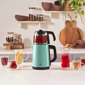 Tea Glass 2 In 1 Çelik Çay Makinesi ve Kettle Blue Mist