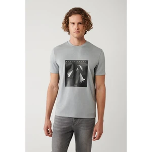 Erkek Gri Bisiklet Yaka Baskılı Interlok T-shirt A41y1008
