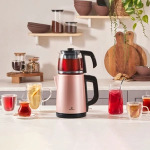 Tea Glass 2 in 1 Çelik Çay Makinesi ve Kettle Rosegold