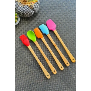 Şirin Eşyalarım 5'li Renkli Mini Spatula Seti – 1. Sınıf Bambu ve Silikon, Tencere ve Tavalar İçin 23x3,5 cm