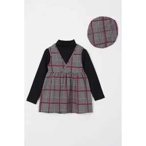 Balıkçı Yaka Badili Şapka Aksesuarlı Fuşya Renk Kız Çocuk Üçlü Takım Elbise