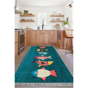 Napoli Home Dijital Baskılı Balık Figürlü Yıkanabilir Kaymaz Yolluk Salon Mutfak Halısı, Mutfak-51-Turkuaz,