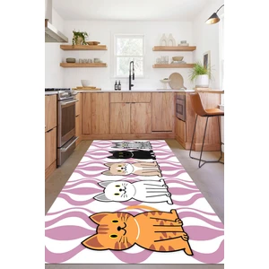 Napoli Home Dijital Baskılı Kedi Figürlü Yıkanabilir Kaymaz Yolluk Salon Mutfak Halısı, Mutfak-53-Pembe,
