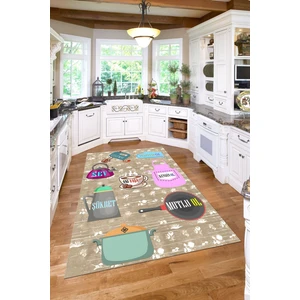 Napoli Home Baskılı Mutfak Eşya Desenli Yıkanabilir Kaymaz Yolluk Salon Mutfak Halısı, Mutfak-85-Bej,