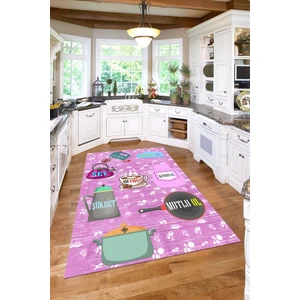 Napoli Home Baskılı Mutfak Eşya Desenli Yıkanabilir Kaymaz Yolluk Salon Mutfak Halısı, Mutfak-85-Pembe,