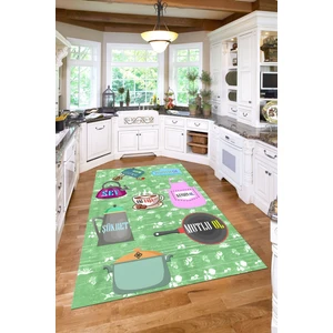 Napoli Home Baskılı Mutfak Eşya Desenli Yıkanabilir Kaymaz Yolluk Salon Mutfak Halısı, Mutfak-85-Yeşil,