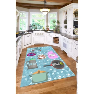 Napoli Home Baskılı Mutfak Eşya Desenli Yıkanabilir Kaymaz Yolluk Salon Mutfak Halısı, Mutfak-85-Turkuaz,