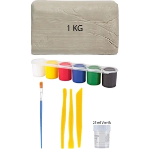 Beyaz Seramik Hamuru 1 kg Kil Plastik Ebeşuar Seti 6X15 ml Akrilik Set 25 ml Partlatma Verniği