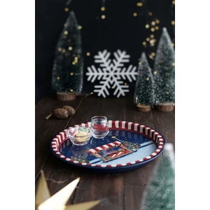 Hesaplı Kasa Winter Desenli Yuvarlak Metal Tepsi, 31,5 cm