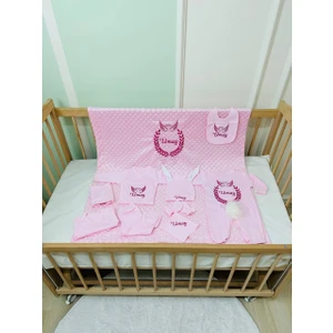 Isimli Pembe Hastane Çıkış Seti, Nakış Işlemeli %100 Pamuk 10 Parça