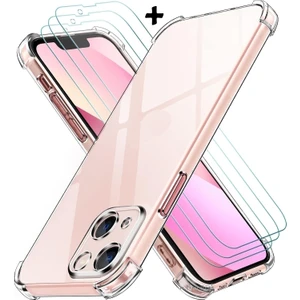 M.tk moveteck Iphone 13 Kılıf Köşe Korumalı Darbeye Dayanıklı Antişok Şeffaf Silikon + 9h Temperli Cam 2in1 Set