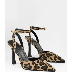 Kadın Martini Leopar Desenli Tüylü Kemerli Bilek Bağlı Stiletto