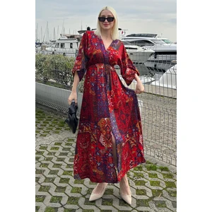 Kırmızı Desenli Yırtmaç Detaylı Uzun Elbise MG2325