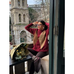 Esra Helvacı Bordo Kahve Baklava Desenli Kazak
