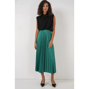 8009 Deri Görünümlü Piliseli Etek - Yeşil