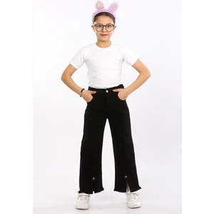 Modi Clas  Pamuk-Denim-Paça Tivsitmeli-Papatya Nakışlı-Boydan Dikişli-Kız Çocuk Pantolonu